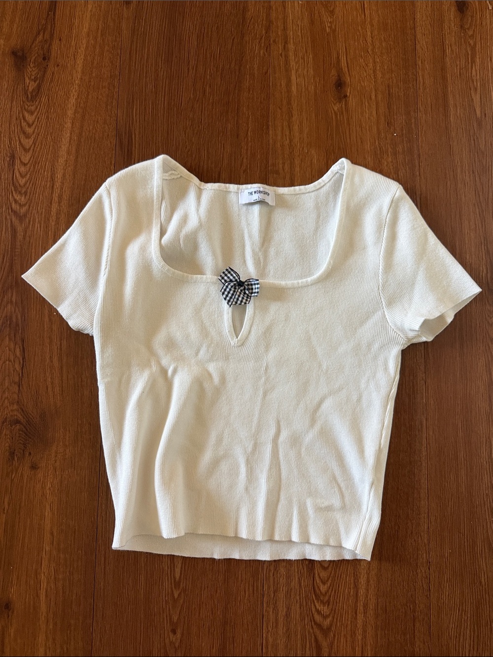 Workshop Republic Cream Scoop Neck Knit Top with Black Gingham Bow